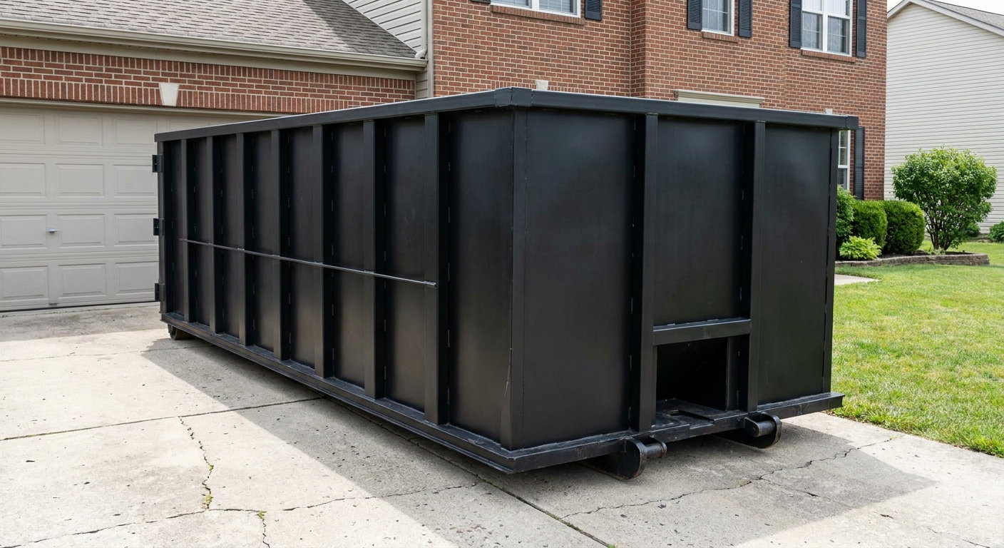 Matte-black 20-yard roll-off container on a Moore residential concrete driveway with reinforced ribbed steel sidewalls and a hinged rear walk-in door, clean bright daylight.