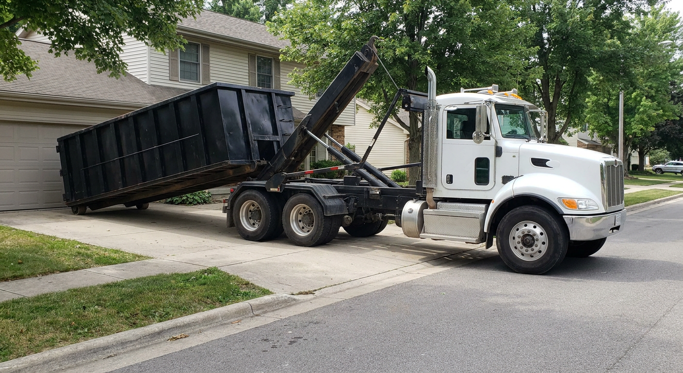 White-cab hooklift roll-off truck actively lowering a matte-black dumpster onto a Moore residential concrete driveway, the dumpster's rear wheels touching the driveway as the hoist arm tilts the bed forward, mid-morning daylight.