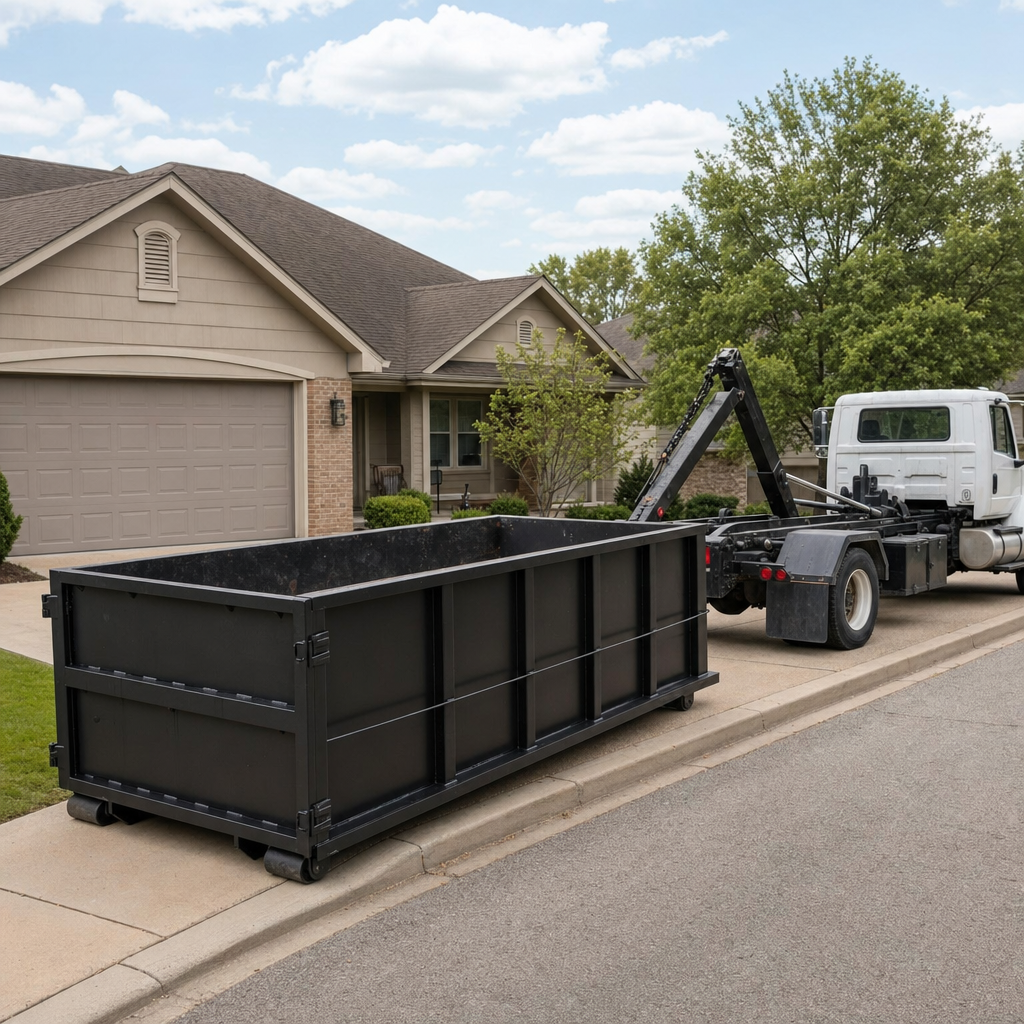 Wide documentary shot of a matte-black roll-off dumpster on a Moore residential driveway in the foreground and a contractor jobsite container in the soft-focus background, bright daylight, calm and orderly composition.
