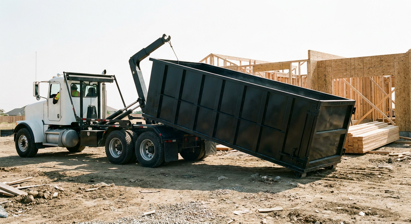 Matte-black roll-off dumpster being delivered onto a clean residential concrete driveway in Moore by an unmarked white hooklift hauler truck, bright morning daylight, documentary 35mm perspective.